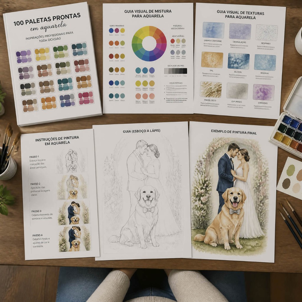 Guias de aquarela personalizada: paletas, misturas, texturas, esbo?o e pintura final
