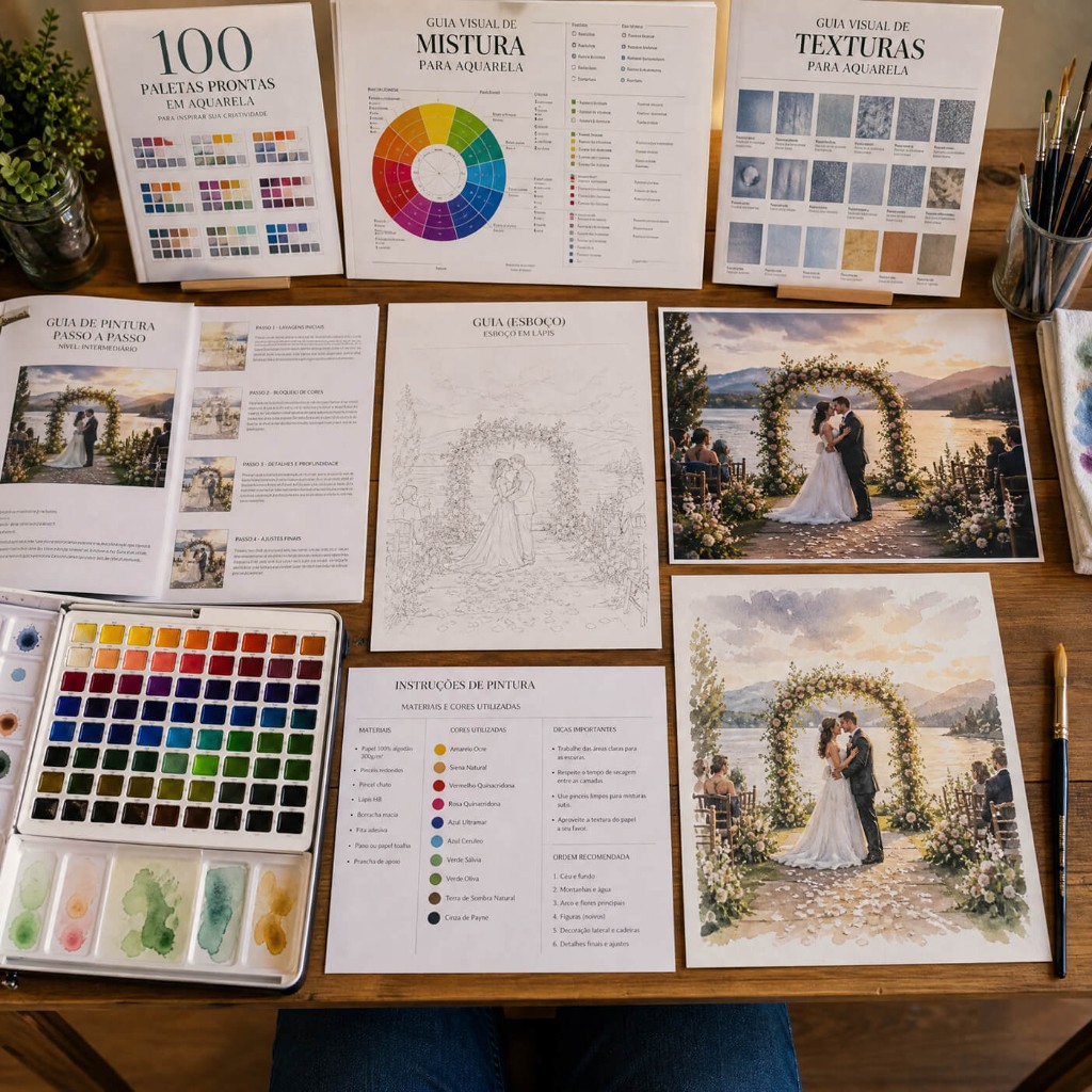 Materiais do plano completo: guias de paletas, misturas, texturas e pintura passo a passo