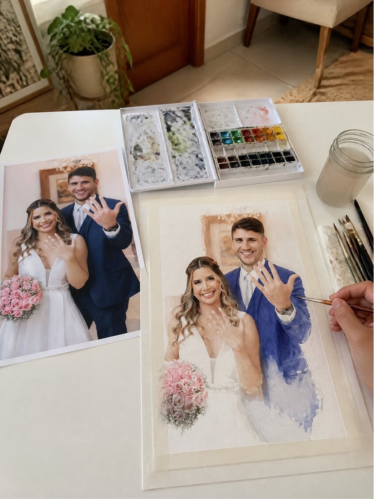 Casal de noivos transformado em aquarela