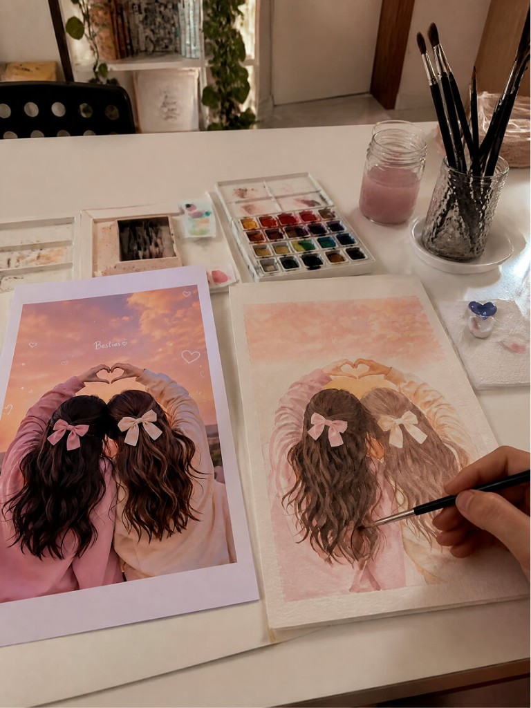 Amigas transformadas em aquarela